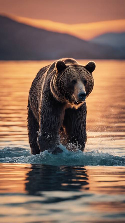 A large dark brown bear fishing in glistening sapphire waters at sunset.