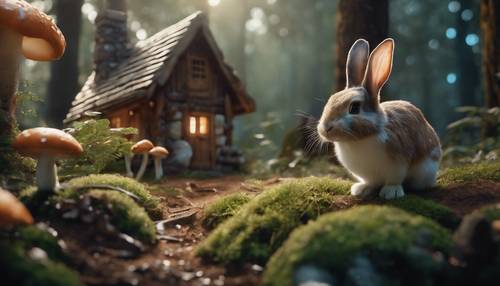 Um coelho encantadoramente vestido em busca de comida em uma floresta mágica, com cogumelos luminescentes e uma aconchegante cabana de madeira ao fundo.