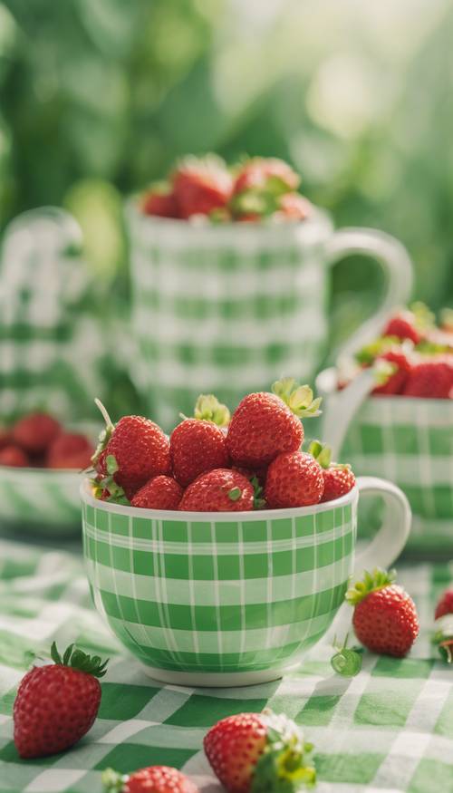 A charming green gingham pattern decorated with wild strawberry illustrations inspired by cottagecore aesthetic.