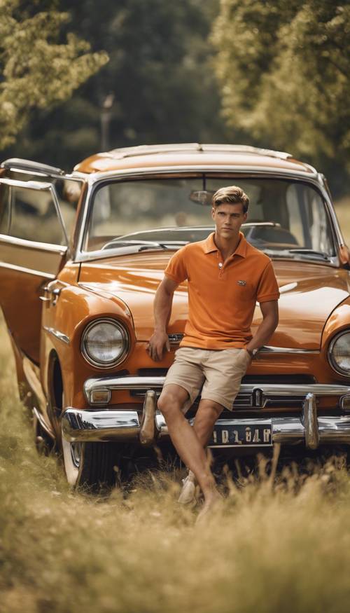 Młody mężczyzna w pomarańczowej koszulce polo, spodenkach khaki i butach żeglarskich, oparty na klasycznym samochodzie w wiejskiej scenerii.