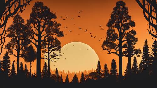 Una silueta cortada en papel de un bosque al anochecer, proyectada sobre un fondo naranja brillante.