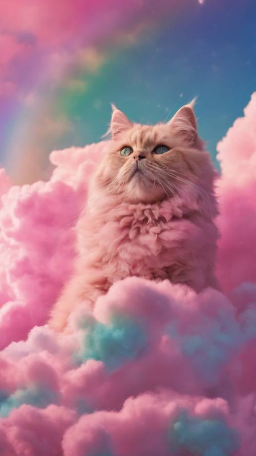 一朵蓬松的粉红色云朵呈猫形漂浮在鲜艳的彩虹色天空中。