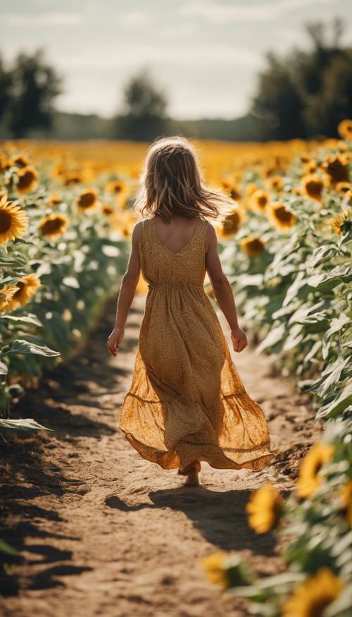 A cute little girl wearing a Boho maxi dress, playfully running across a sunflower field.
