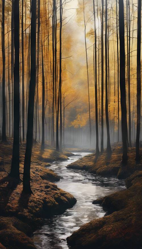 Abstrakcyjny obraz przedstawiający krajobraz czarnego lasu, dający wrażenie głębi.