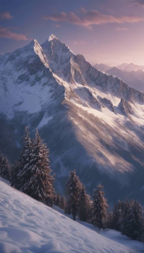 A picturesque panorama of snow-capped Alpine mountains under a twilight sky. 