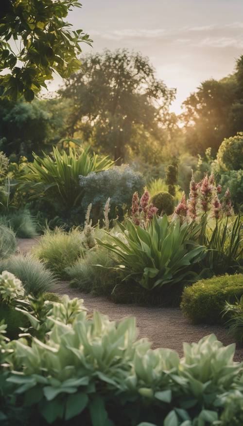 Безмятежный ботанический сад, запечатленный в золотой час, с разнообразной коллекцией растений и цветов нежных оттенков зеленого под сумрачным небом.
