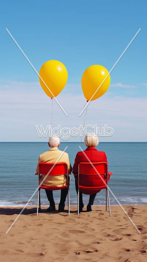 Żółte balony i widok na ocean z starszą parą