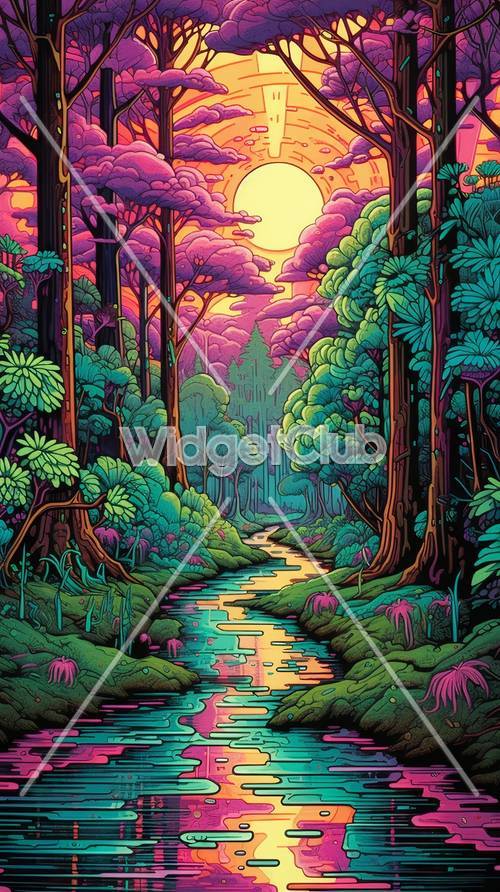 Scena di foresta colorata con fiume
