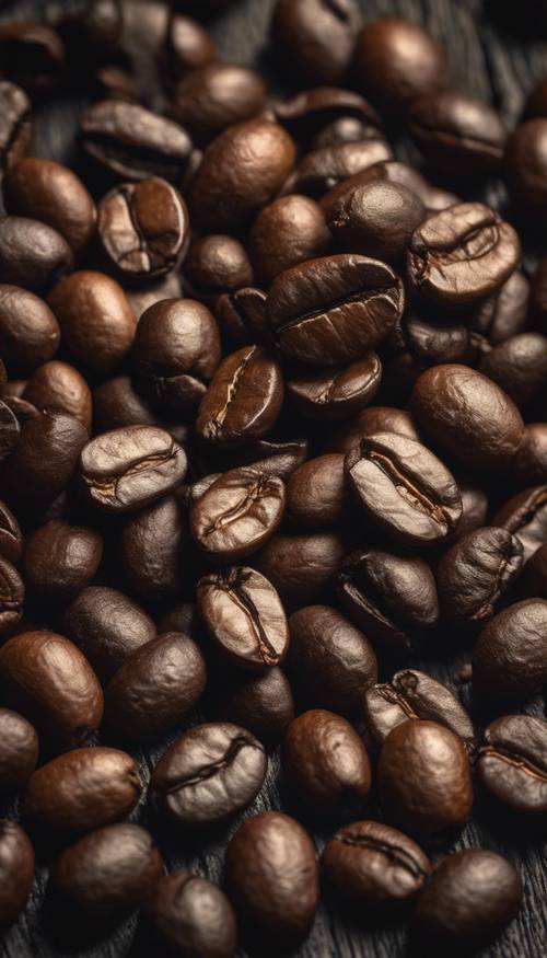 A close-up image of coffee beans scattered on a dark wooden table. Tapet [f3dbe58fd7b8494892b6]