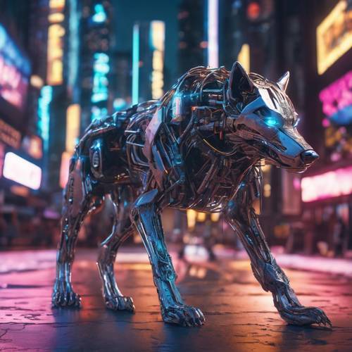 Stylizowane, artystyczne przedstawienie cybernetycznego wilka, którego potężne ciało stanowi mieszankę wytrzymałego metalu i żywej tkanki, wyłaniające się z futurystycznego, oświetlonego neonami pejzażu miejskiego.