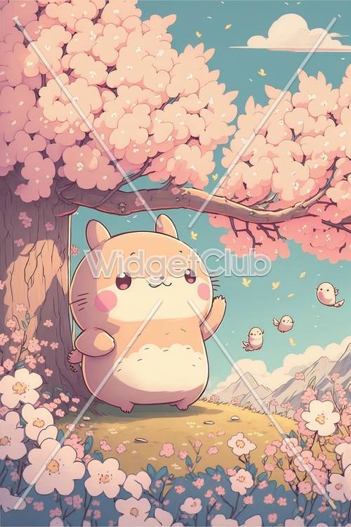 Criceto simpatico cartone animato sotto i fiori di ciliegio