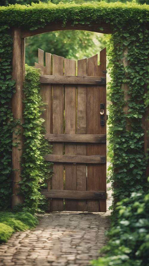 A rustic wooden garden gate gently swaying in the summer breeze, with luscious green ivy creeping over it.