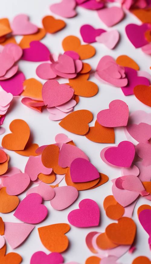 Berbagai confetti berbentuk hati berwarna merah muda dan oranye tersebar di latar belakang putih.