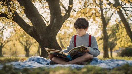Chłopiec ubrany w sweter i szelki, czytający komiks pod drzewem.
