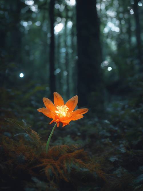 Une image surréaliste d’une fleur orange bioluminescente brillant dans la forêt sombre.
