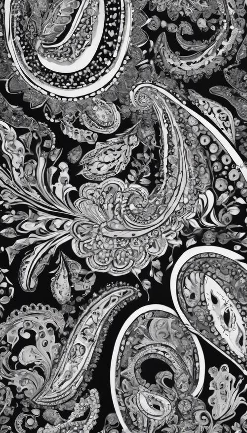 Pintura abstrata em design Paisley em preto e branco.