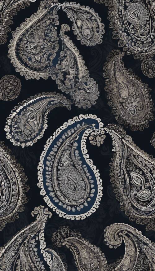 An intricate seamless pattern of paisley made up from the dark sapphire on a charcoal black backdrop.