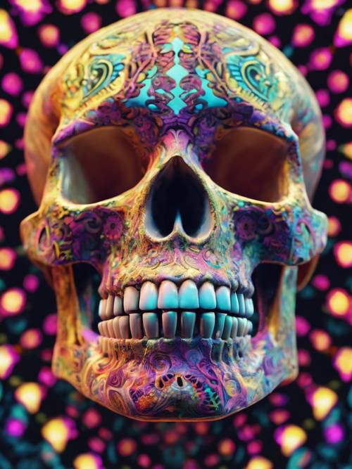 A psychedelic skull composed of vibrant fractal patterns on a dance club backdrop.