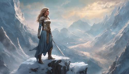 Uma corajosa guerreira com uma armadura brilhante, parada triunfalmente no topo de uma montanha congelada. Papel de parede [068ab8d570664fedaaef]