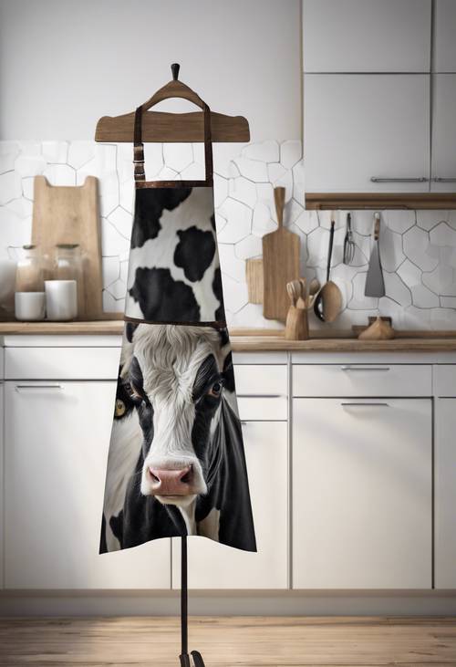 Piękny fartuch z nadrukiem krowy, eksponowany na tle nowoczesnej kuchni.
