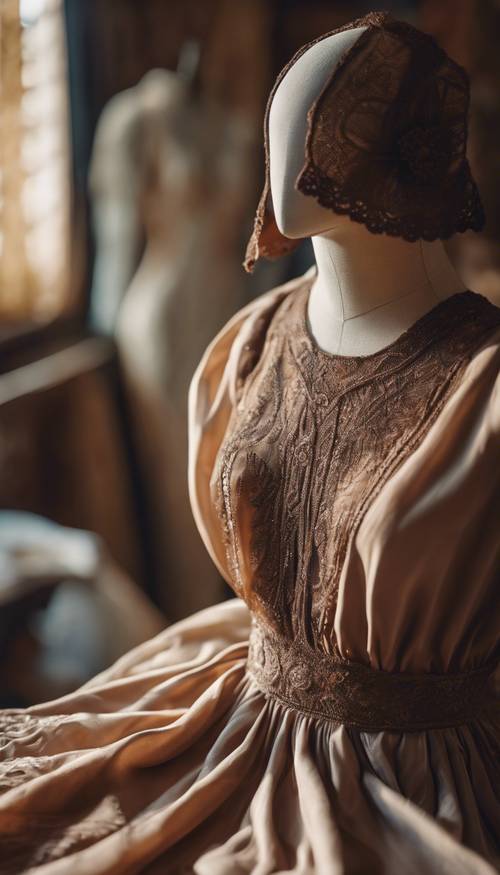 Bir terzi mankeninin üzerindeki şık bohem elbisenin dökümlü kahverengi ipek kolu.