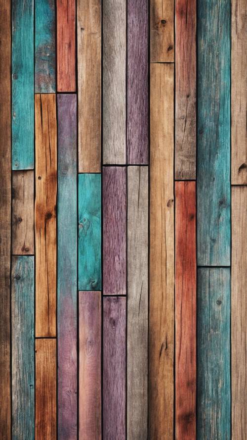 Permukaan kayu bertekstur dengan butiran kayu berwarna-warni.