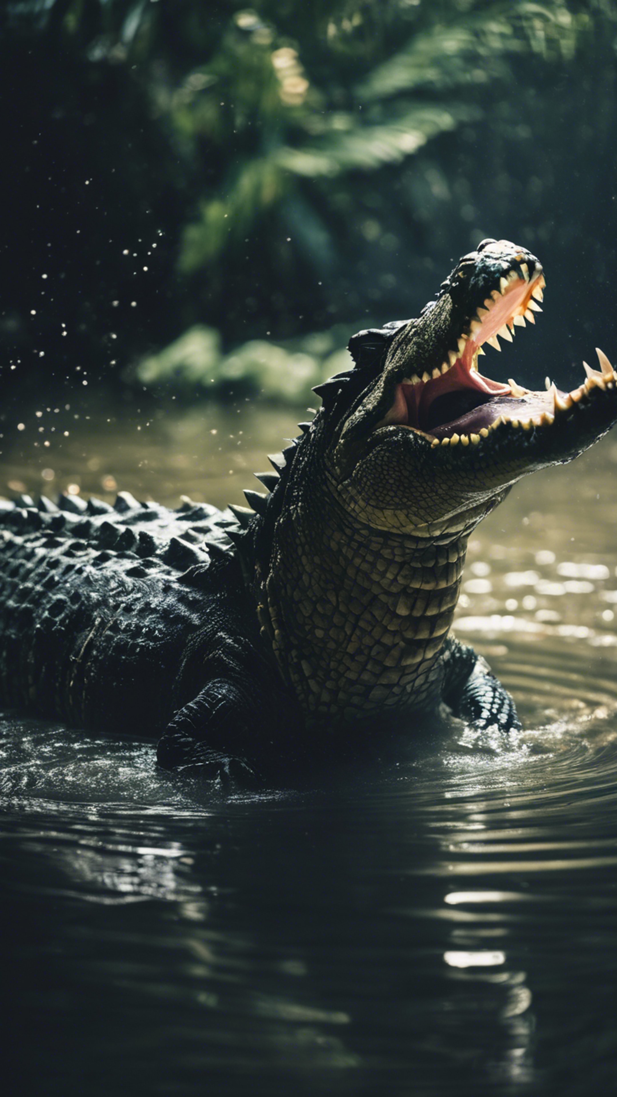 Two crocodiles engaging in a territorial battle in the middle of a dark lagoon.壁紙[ccc66b55c2b3408d8928]