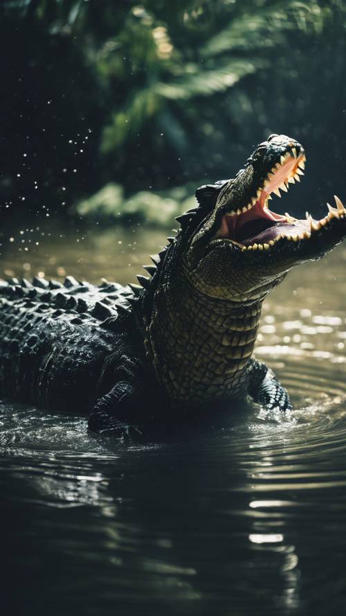 Two crocodiles engaging in a territorial battle in the middle of a dark lagoon.