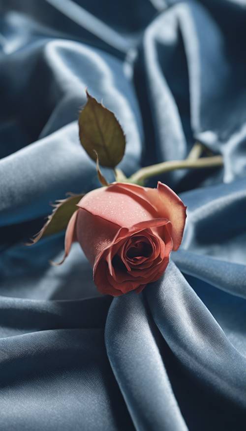 Una natura morta artistica di un&#39;unica rosa appoggiata su un tessuto di velluto blu.