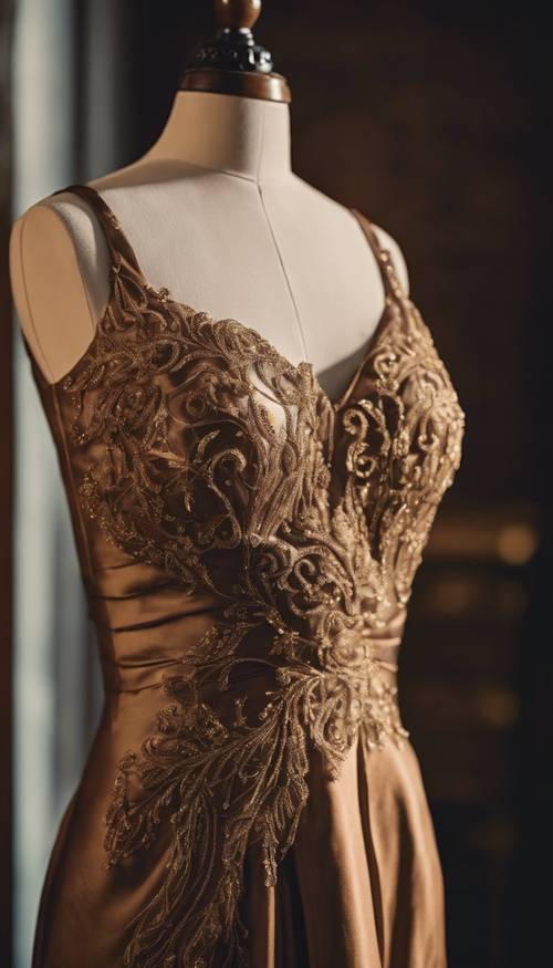 Một chiếc váy dạ hội bằng lụa màu nâu rực rỡ với những đường xoáy vàng, nằm trang nhã trên móc treo bằng gỗ.
