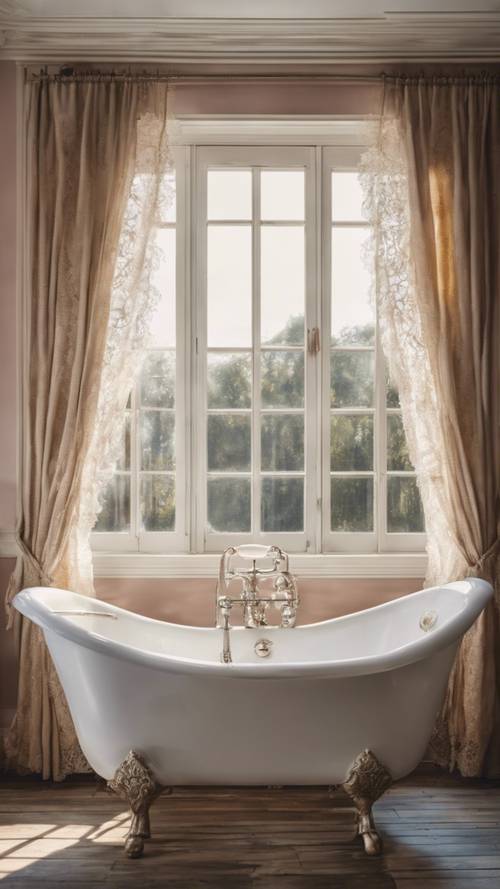 חדר רחצה בסגנון כפרי צרפתי עם אמבטיה עומדת על רגלי טפרים, חלון עם וילונות תחרה ואבזור בסגנון וינטג&#39;.
