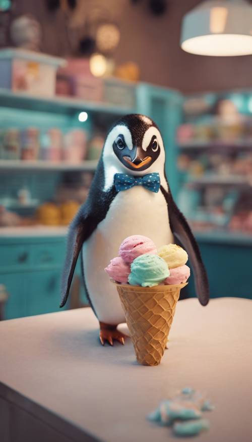 Dükkanında kawaii ifadeli dondurma külahları servis eden tiz tarzı papyonlu bir penguen