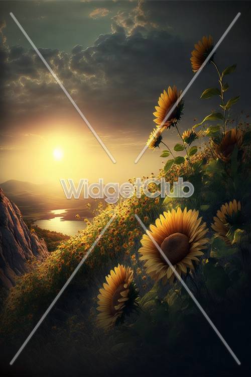 Puesta de sol sobre un campo de girasoles
