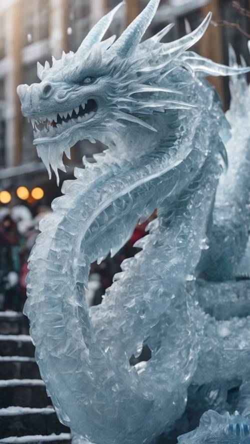 A gigantic cool dragon intricately carved out of glacial ice, dominating the winter festival.