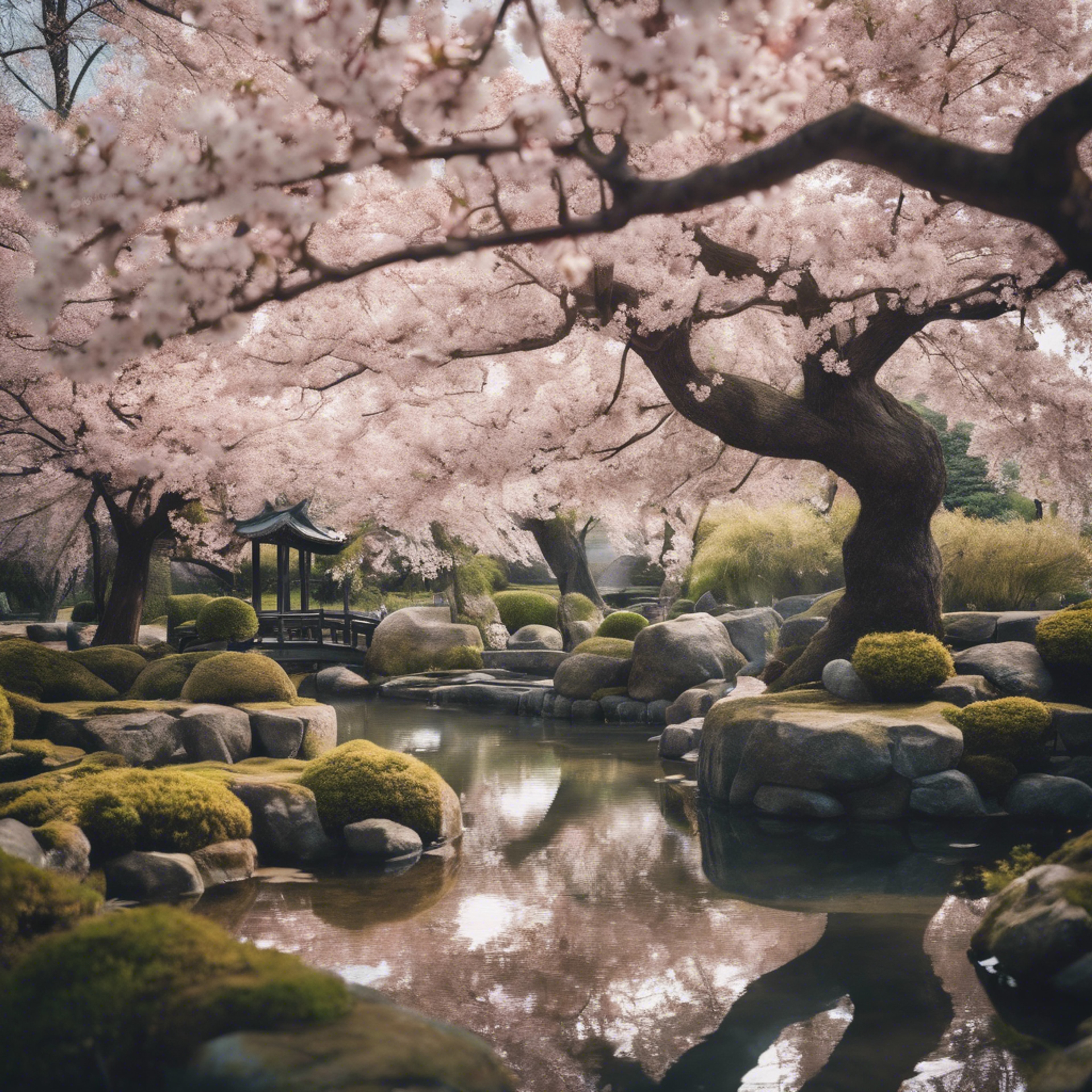 A wide-angle view of a serene Japanese garden with cherry blossoms in full bloom. Валлпапер[cf6d4e9694a4479cb5ff]