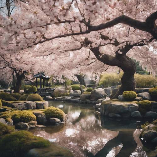 Kiraz çiçeklerinin açmış olduğu sakin bir Japon bahçesinin geniş açılı görüntüsü.