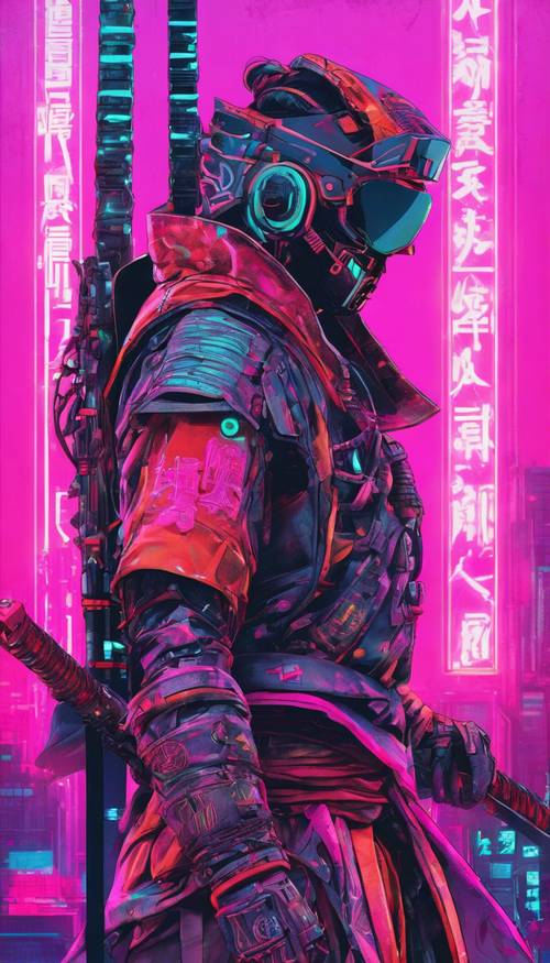 Samurai cyberpunk futuristik dengan katana neon.