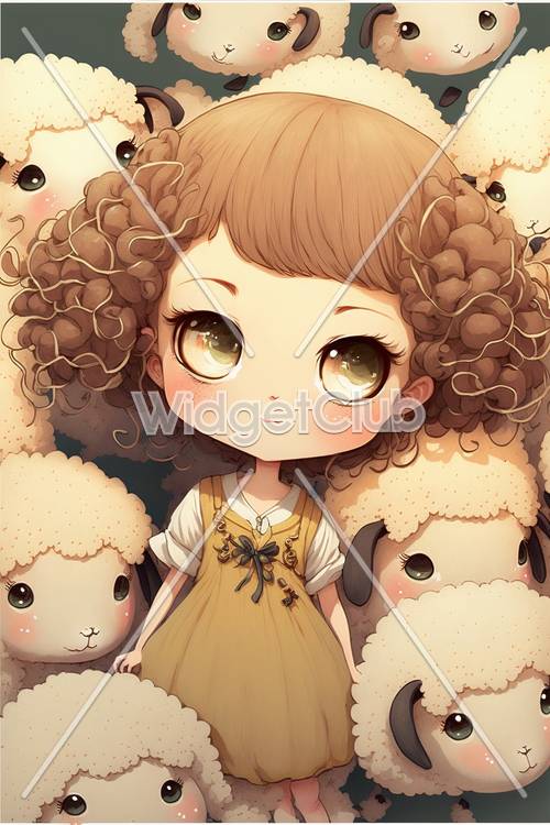 Cute Sheep and Girl Digital Art