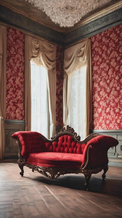 Uma antiga espreguiçadeira coberta de damasco vermelho em um canto de uma sala ricamente decorada.