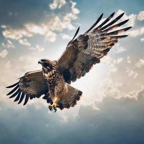 Uma representação geométrica de um falcão voando alto, com gradientes de azuis e cinzas.