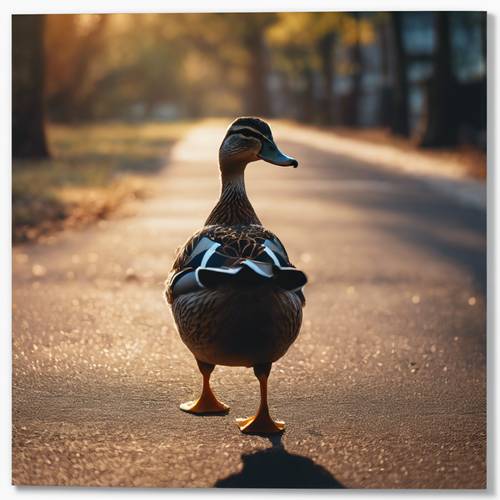 一只鸭子在阳光照耀的小路上投下长长的、引人注目的影子，它高高地昂着头，炫耀着自己鲜艳的羽毛。