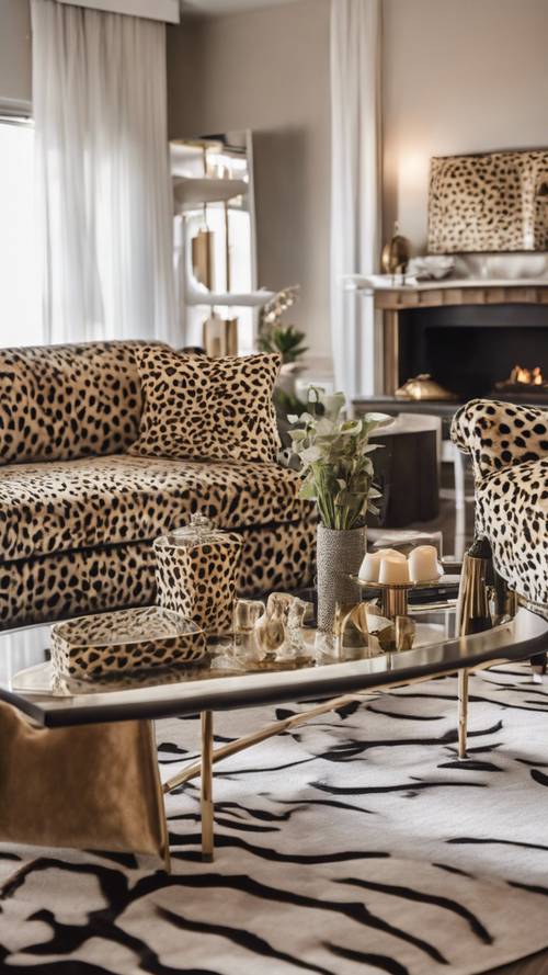 A chic living room adorned with cheetah print furnishings, including plush pillows, an elegant rug and curtains.