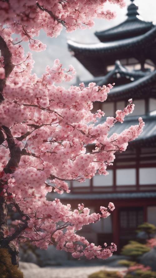 Rendering 3D dari pohon sakura merah muda yang mekar di tengah taman Jepang yang tenang.