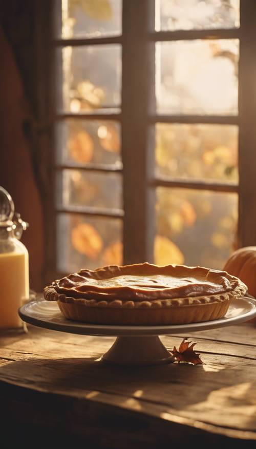 La morbida luce del mattino filtra attraverso una finestra e illumina una torta di zucca fatta in casa su un antico tavolo di legno.