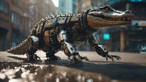 Uma bela foto de um crocodilo robótico percorrendo uma cidade distópica.