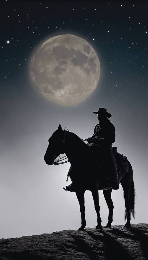 Siluet seorang koboi yang duduk di atas kuda hitam, dengan latar belakang bulan putih terang di langit malam yang gelap.