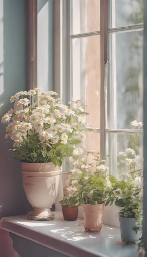 A window side with potted plants of daisies, lilies and hydrangeas in a pastel-colored house.