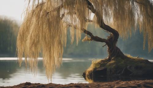 Pohon willow metalik membungkuk anggun di atas danau yang tenang.