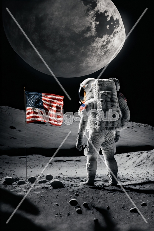 Moon Adventure with Astronaut and Flag Divar kağızı[45cd8782e95c4af9ac34]