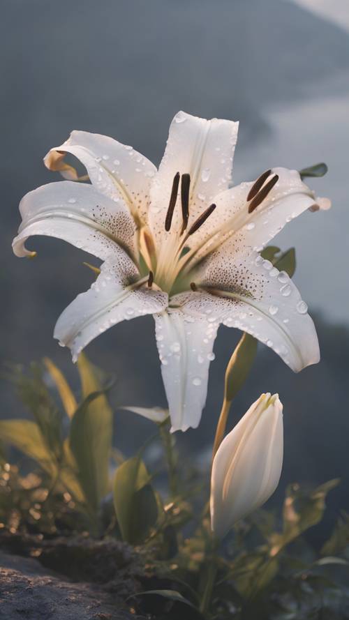 A closed-up lily, on a misty cliff overlooking dawn.